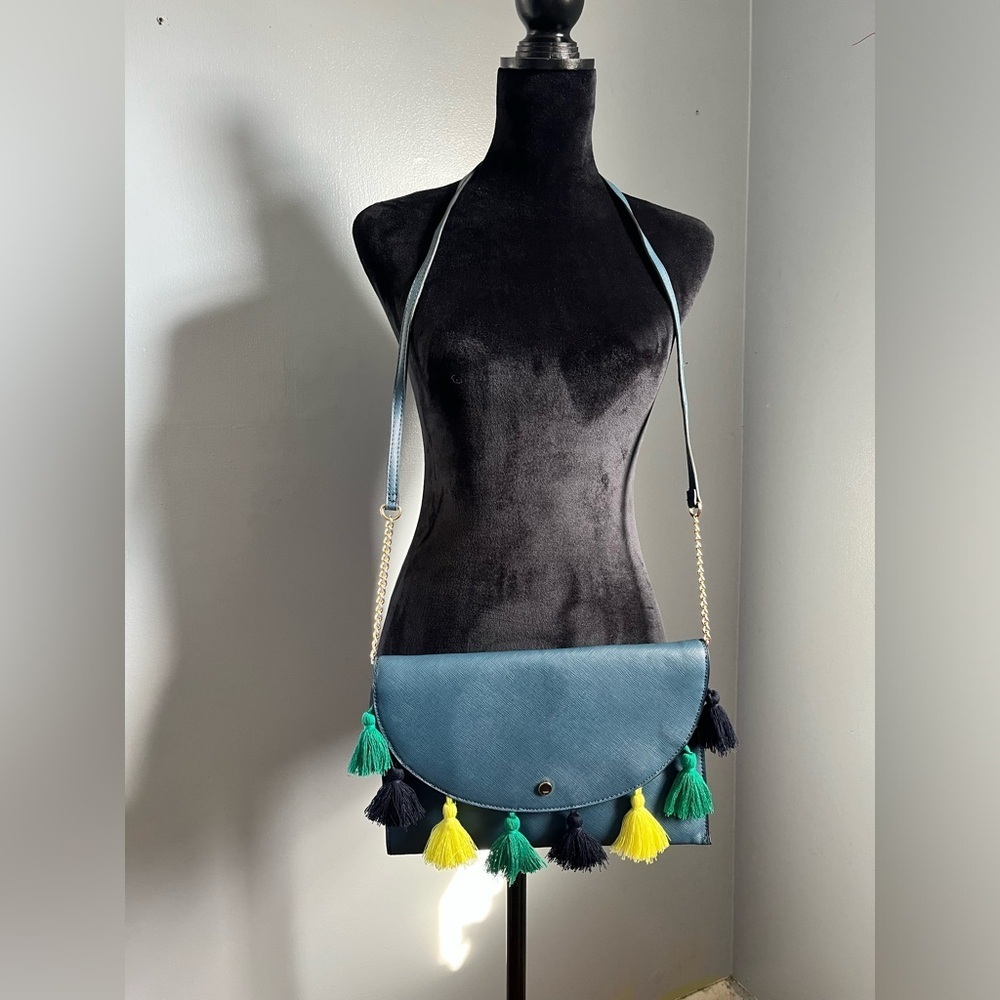 A New Day Shoulder Purse Blue w/ Green Yellow Black Tassels, Removable Strap
